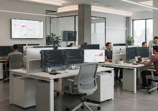 Developers at work in an open-plan software office